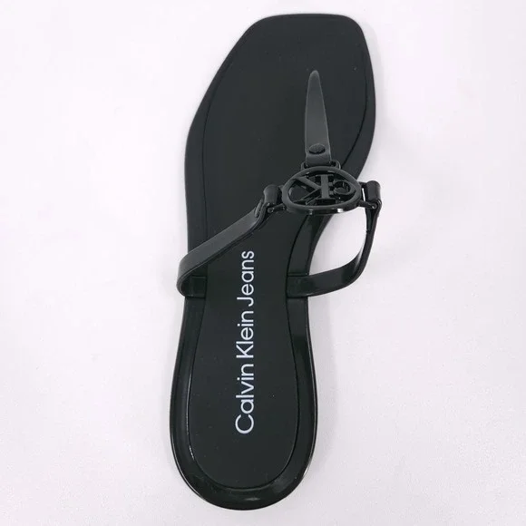 Calvin Klein Edhen Black Flat T Strap Thong Logo Sandals Womens Size 6 M - Picture 10 of 16